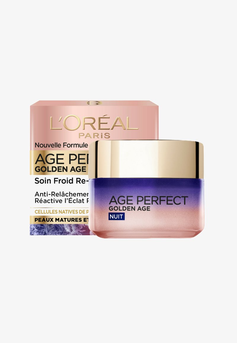 Crème de nuit L'Oréal Paris Age Perfect Golden Age dans un pot en verre rond, dégradé de violet à rose, avec un couvercle doré et une inscription noire proéminente.