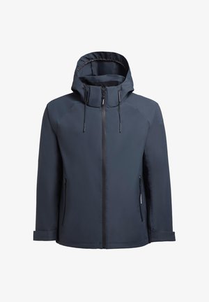 Marineblauer wasserdichter Jacke aus glattem Stoff, mit Kapuze, Reißverschluss, zwei Seitentaschen und verstellbaren Kordeln.