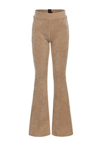 Tan corduroy flared broek met een hoge tailleband en verticale ribbelstructuur. Heeft een getailleerde pasvorm rond de heupen en uitlopende benen.