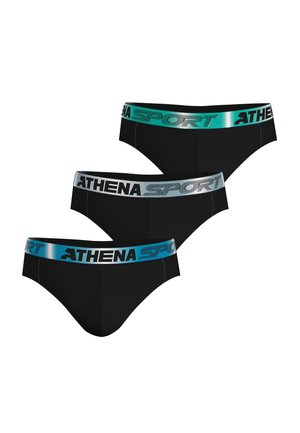 Caleçons de sport noirs avec une ceinture bleu sarcelle et argentée portant la marque "ATHENA SPORT", mettant en valeur une texture lisse et une coupe classique.