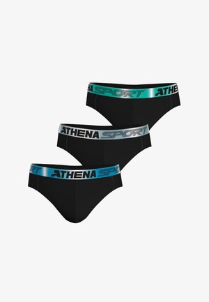 Caleçons de sport noirs avec une ceinture bleu sarcelle et argentée portant la marque "ATHENA SPORT", mettant en valeur une texture lisse et une coupe classique.
