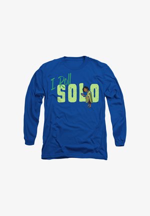 Königsblaues Langarmshirt mit fettem grünen Text "I Roll SOLO" und einer illustrierten Figur, die ein Getränk hält, mit einer glatten Stofftextur.