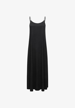 Sort, ærmeløs maxi-kjole med tynde stropper, lavet af glat stof, med en afslappet pasform og enkelt design uden dekorationer.