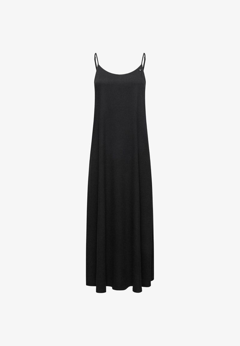 Black, sleeveless maxi dress with thin straps, made of smooth fabric, featuring a relaxed fit and simple design without embellishments.