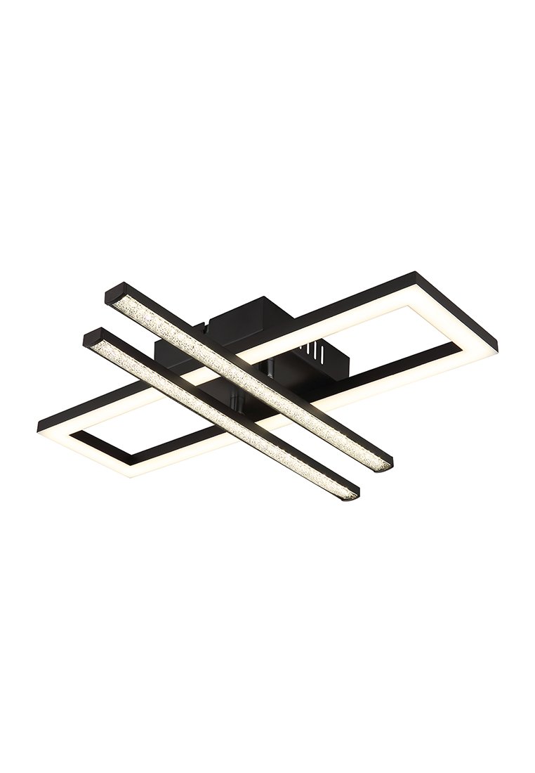 Černé stropní svítidlo s čtyřmi geometrickými panely, dva s texturovaným povrchem. Štíhlý design s integrovaným teplým bílým LED osvětlením.