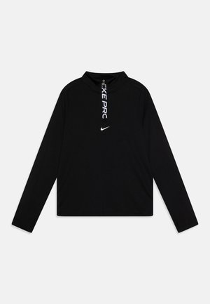 Svart långärmad sporttopp med hög krage, tillverkad av stickat material. Har "NIKE PRO"-logotypen i vitt i mitten och en logotyp på bröstet.