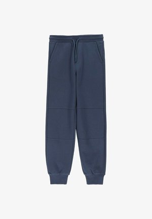 Granatowe spodnie dresowe z elastycznym pasem, sznurkiem do regulacji, bocznymi kieszeniami, detalami na kolanach oraz elastycznymi mankietami na białym tle.