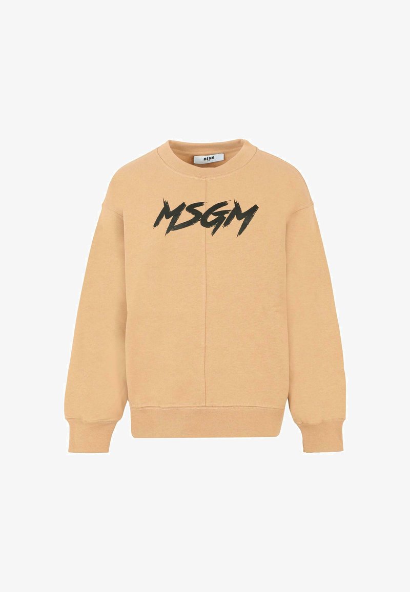Felpa color pesca realizzata in tessuto morbido, con un logo nero "MSGM" in un font audace e a pennellate sul davanti. Collo rotondo e polsini.