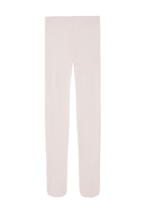 Leggings rose pâle, doux et légers, fabriqués en tissu extensible, présentant une texture lisse et un design simple et épuré avec une taille élastique.