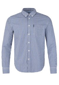 Blue and white checkered button-up shirt with long sleeves, chest pocket, and a classic collar. Made from woven cotton fabric.