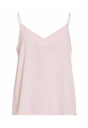 Světle růžové tílko bez rukávů s tenkými ramínky a výstřihem do tvaru V.