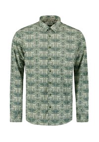 Langearmige button-up shirt van groene stof met een geometrisch patroon met lichte en donkere accenten. Verfijnde textuur en klassiek kraagontwerp.