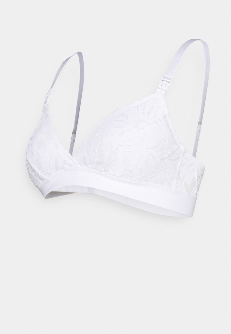 Sutiã bralette branco de renda com alças de cetim ajustáveis, apresentando um padrão floral e uma faixa branca sólida na parte inferior. Textura suave e forma triangular.