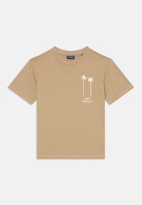 Braunes Baumwoll-T-Shirt mit kurzen Ärmeln, einem Rundhalsausschnitt und einem weißen Grafikdesign von Palmen mit dem Text "PALM SUNDAYS" auf der Vorderseite.