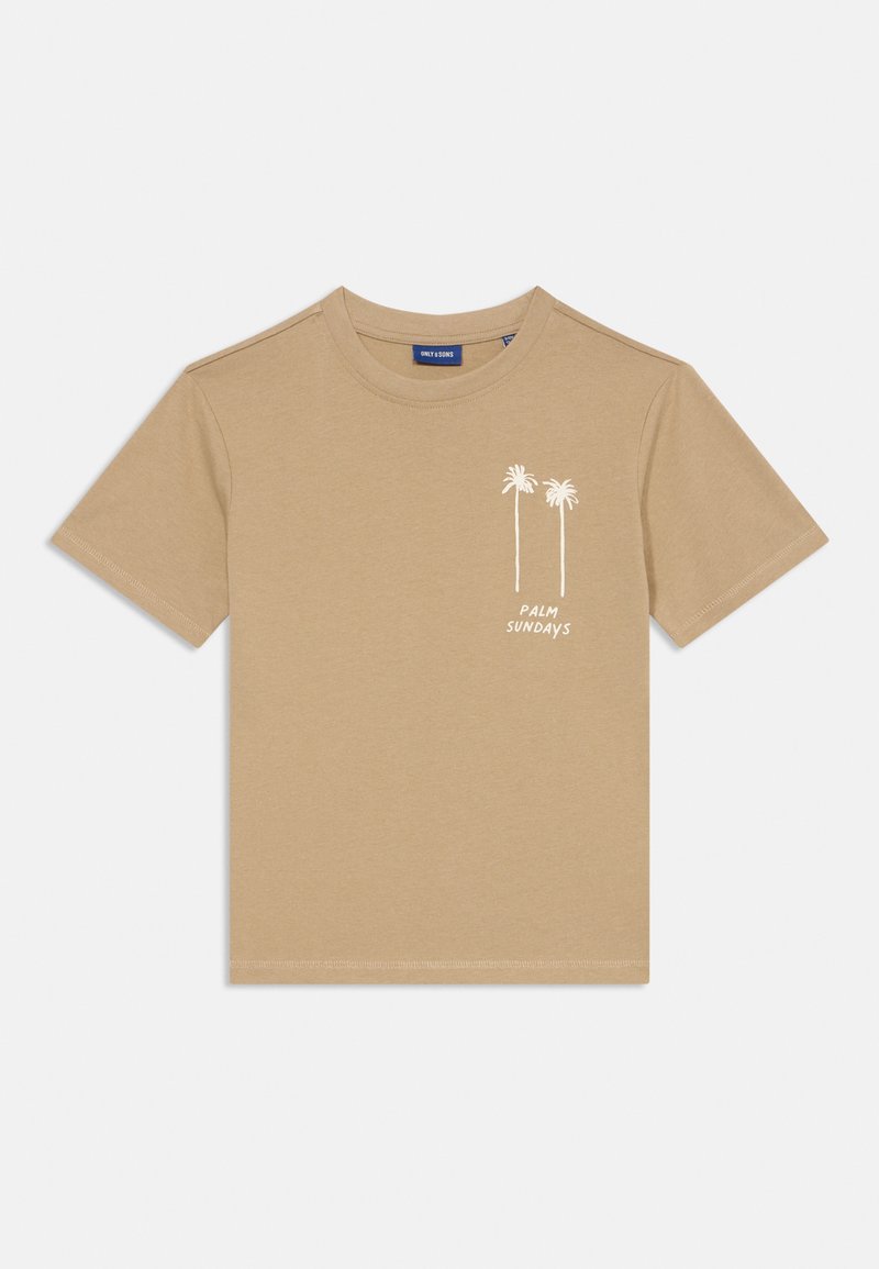Braunes Baumwoll-T-Shirt mit kurzen Ärmeln, einem Rundhalsausschnitt und einem weißen Grafikdesign von Palmen mit dem Text "PALM SUNDAYS" auf der Vorderseite.