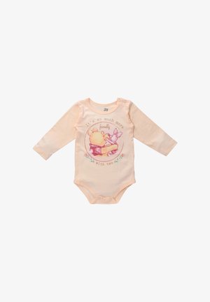Light peach long-sleeve onesie made from soft cotton. Features a printed design of Winnie the Pooh and Piglet with text, floral accents at the bottom.