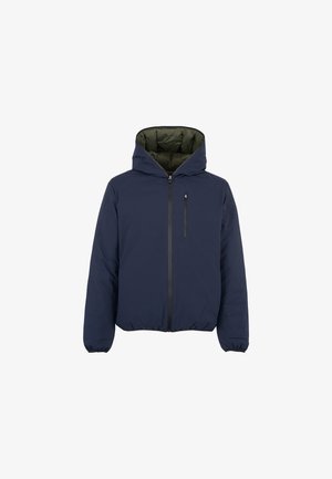 Giacca imbottita blu navy con cappuccio, zip frontale, tasca con zip sul petto e polsini elasticizzati, mostrata su sfondo bianco.