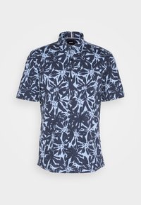 Chemise à manches courtes avec boutons, grand motif floral noir et bleu clair et col.