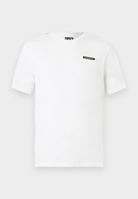 Λευκό βαμβακερό T-shirt με κοντά μανίκια, στρογγυλή λαιμόκοψη και ένα μικρό μαύρο λογότυπο στο αριστερό στήθος. Λείο υλικό, κανονική εφαρμογή.