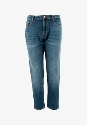 Blauwe spijkerbroeken van denim met een rechte pasvorm, voorzien van een lichte wassing, subtiele vervaging en een vijf-pocket stijl met metalen accenten.