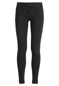 Jeans skinny en denim noir avec une taille haute, un design à cinq poches et une fermeture à bouton. Texture lisse avec un léger stretch.