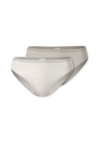 Zwei Paare hellgrauer Baumwollslips. Sie verfügen über eine glatte Textur, einen elastischen Bund und nahtlose Seiten für Komfort und Passform.