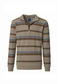 Strickpullover mit Reißverschluss, der horizontale Streifen in Beige, Braun, Grün und Blau aufweist. Strukturierter Stoff mit einem gerippten Kragen.