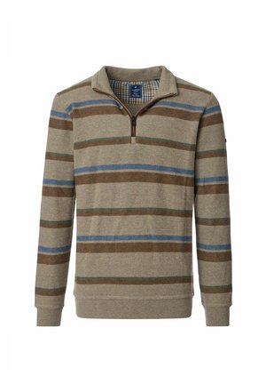 Strickpullover mit Reißverschluss, der horizontale Streifen in Beige, Braun, Grün und Blau aufweist. Strukturierter Stoff mit einem gerippten Kragen.