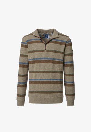 Strickpullover mit Reißverschluss, der horizontale Streifen in Beige, Braun, Grün und Blau aufweist. Strukturierter Stoff mit einem gerippten Kragen.