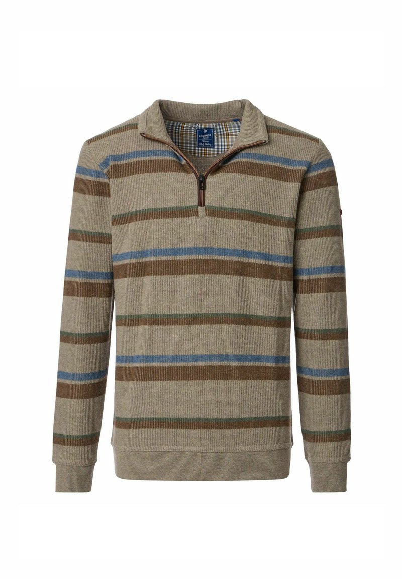 Strickpullover mit Reißverschluss, der horizontale Streifen in Beige, Braun, Grün und Blau aufweist. Strukturierter Stoff mit einem gerippten Kragen.