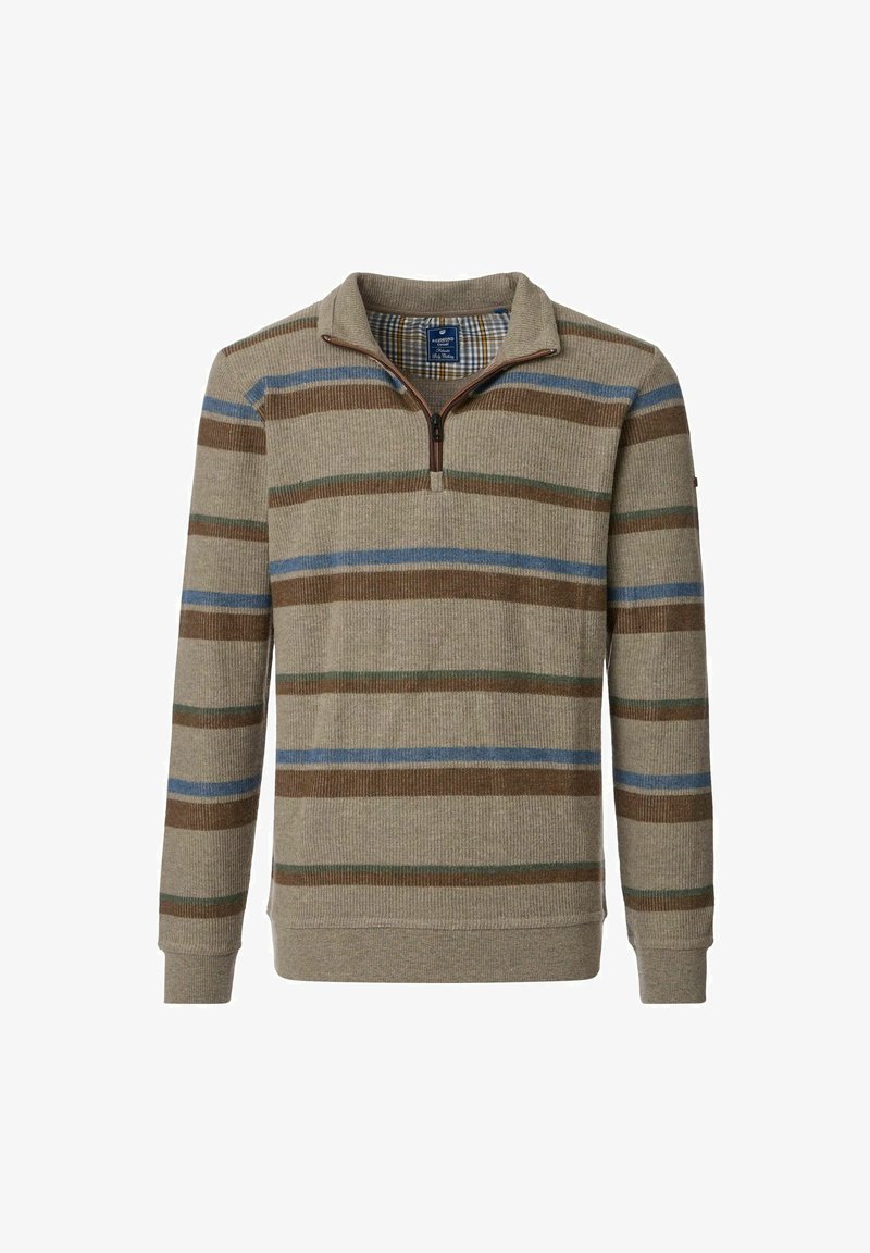 Gebreide pullovertrui met een rits, voorzien van horizontale strepen in beige, bruin, groen en blauw. Gestructureerde stof met een geribde kraag.