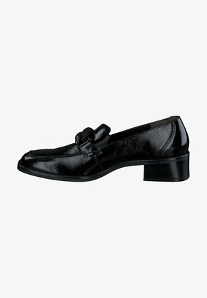 Schwarze Lederloafer mit glanzvollem Finish, ausgestattet mit einer geknoteten Akzentuierung auf dem Fußrücken, einer abgerundeten Zehe und einem niedrigen Blockabsatz.
