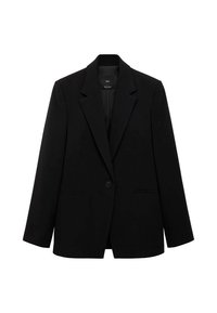 Blazer noir avec une coupe ajustée, revers crantés, fermeture à un bouton, et deux poches avant, confectionné en tissu lisse.