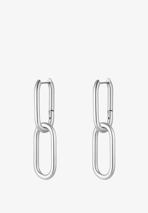 Srebrne kolczyki w kształcie połączonych wydłużonych owalów. Gładkie, polerowane wykończenie metalu; posiadają wiszący haczyk do mocowania.