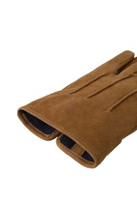 Guanti in suede marrone con fodera in pile blu, caratterizzati da un design a quattro dita e cuciture visibili lungo le giunture.