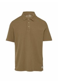 Braunes Poloshirt mit kurzen Ärmeln aus strukturiertem Stoff. Verfügt über einen kragenartigen Ausschnitt, eine dreiknöpfige Knopfleiste und Seitenschlitze am Saum.