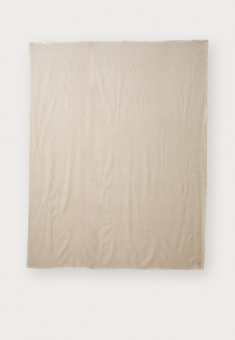 Beige blanket with a smooth texture, rectangular shape, and raw edges. Lightweight fabric drapes softly without patterns or accents.