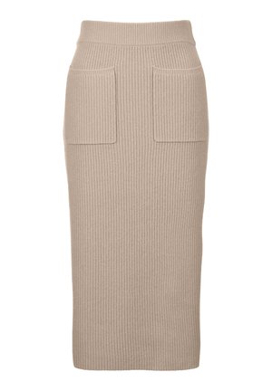 Beige, knie-lange, gestrickte Bleistiftrock mit gerippter Textur und zwei aufgesetzten vorderen Taschen.