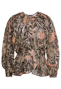 Blouse florale à manches longues bouffantes, design plissé, avec un mélange de motifs abstraits pêche, verts et noirs sur un fond clair.