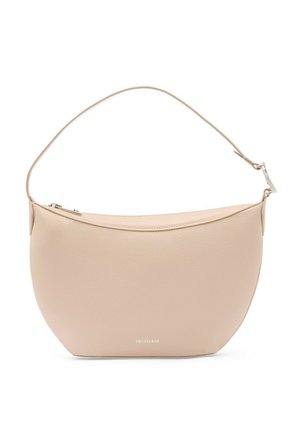 Borsa a mezzaluna in pelle beige con una singola tracolla, chiusura a zip e piccolo logo Trussardi sul davanti al centro.