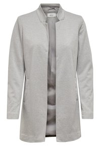 Veste gris clair à manches longues, avec une ouverture sur le devant, sans col, et deux poches avant. Fabriquée en matériau doux avec une texture intérieure lisse.