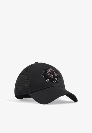 Black mesh-back baseball cap with curved brim, featuring a roaring tiger head graphic on the front panel.