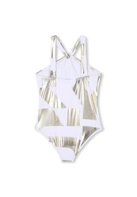 Costume da bagno intero bianco con motivi geometrici oro metallici, dotato di spalline incrociate e un accento circolare sul retro.