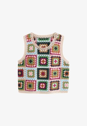 Crochet crop top with multicolored granny squares in shades of pink, green, blue, and brown. Features a round neckline and lace trim.