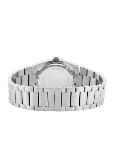 Srebrny zegarek ze stali nierdzewnej z heksagonalną kopertą, bransoletą ogniwką i minimalistycznym designem. Posiada gładkie wykończenie oraz zapięcie na klamrę.