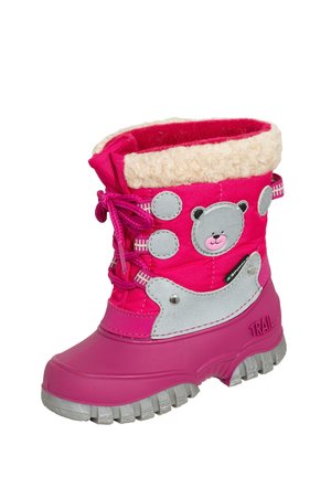 Pink waterproof winter boot with a furry cuff, silver accents, and bear graphic. Features a textured rubber sole and lace-up design.