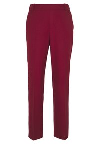Pantalons bordeaux avec une coupe droite, en tissu lisse. Présente un devant plat, des passants de ceinture, et aucun motif ni accent visible.