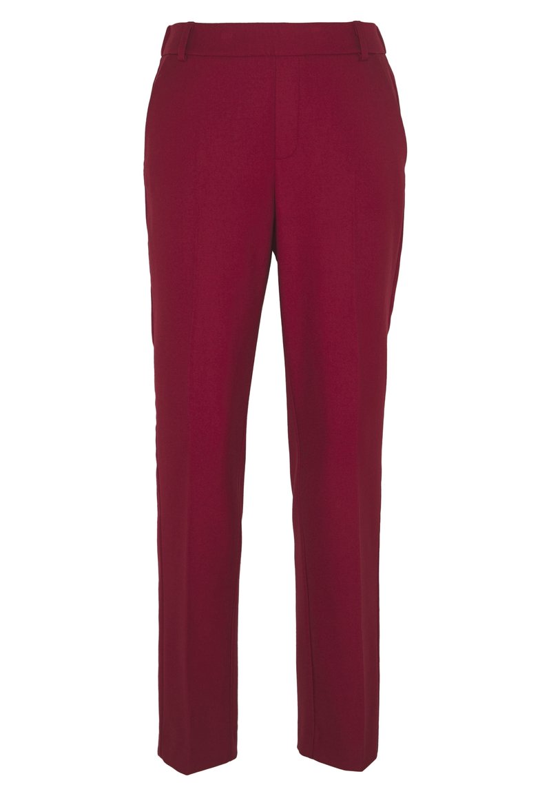 Pantalons bordeaux avec une coupe droite, en tissu lisse. Présente un devant plat, des passants de ceinture, et aucun motif ni accent visible.