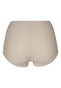 Beige hoge taille onderbroek met een gladde textuur, naadloos ontwerp en volledige dekking. Heeft een gestikte detail in het midden van de achterkant.