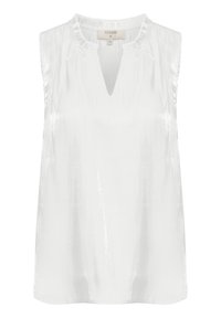 Biały bezrękawnik z dekoltem w kształcie litery V oraz delikatnymi marszczeniami wokół szyi. Wykonany z lśniącego, gładkiego materiału.